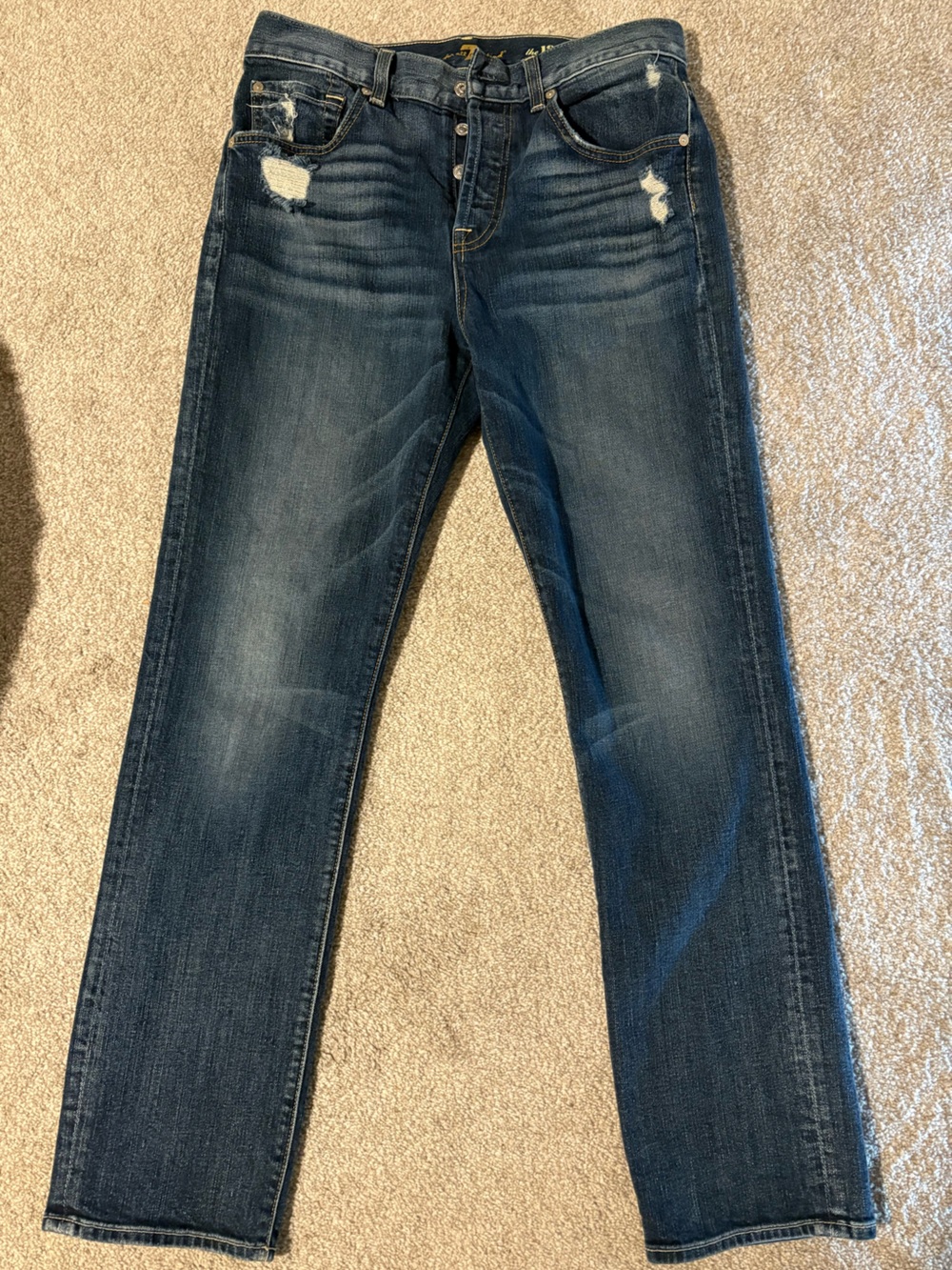 7 For All Mankind Dark Blue Straight Leg Distressed Jeans